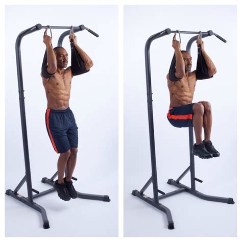 Hanging knee raise is used as a regression exercise to hanging leg raise. It is a modified version that involves bending your knees instead of keeping your legs straight. This variation is relatively easy compared to the hanging leg raise and can help you build up the strength and stability required for the full hanging leg raise. 